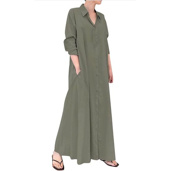 NEW Oversized Casual Cotton Loose Long Shirt Dress Pockets Maxi M - Picture 1 of 4